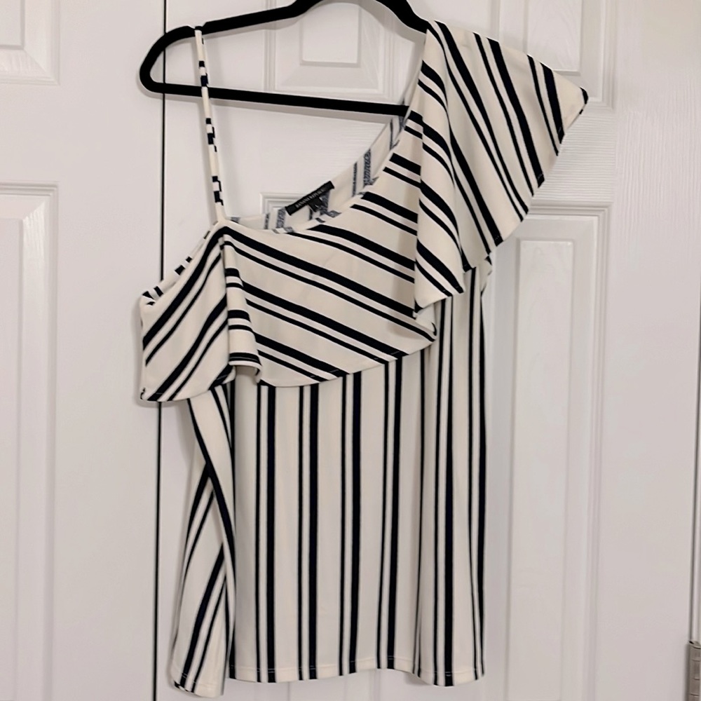 Banana Republic one shoulder navy and white striped top.